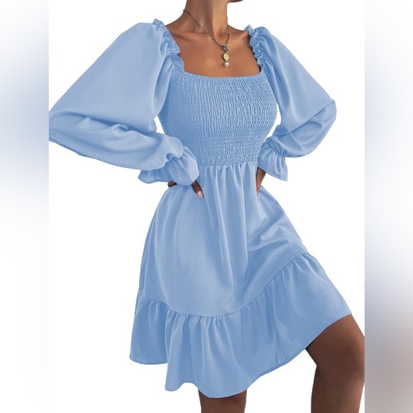 Blue/White Plaid Long Ruffle Sleeve Mini Dress - Picture 9 of 11